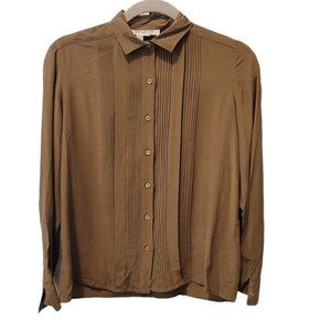 VINTAGE - Pretty Khaki Green 100% Silk Pleated Blouse Top // Size 6-8
